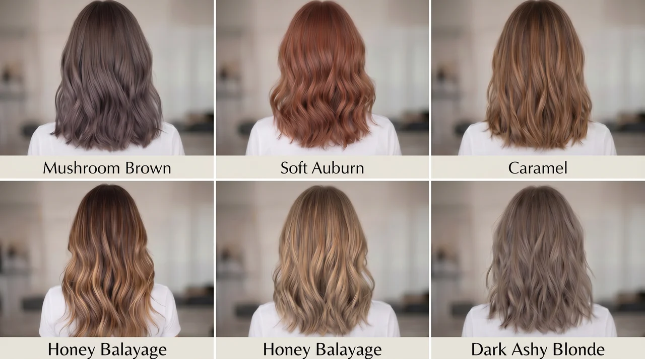 Collage of flattering hair shades for soft autumn palette, including mushroom brown, soft auburn, and honey balayage, representing ideal hair colors for soft autumn palette.