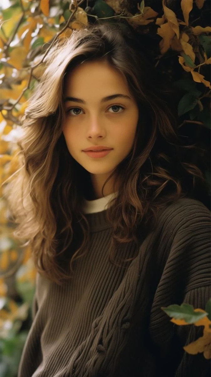 Model representing the Soft Autumn color palette with muted, warm-toned skin and soft hair, wearing earthy autumn colors.