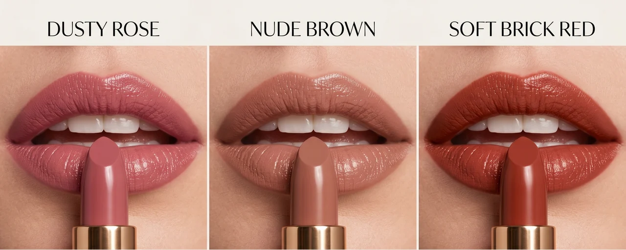 Lipstick swatch set of dusty rose, nude brown, and soft brick red hues, representing the best lipstick for soft autumn palette with warm, muted tones.