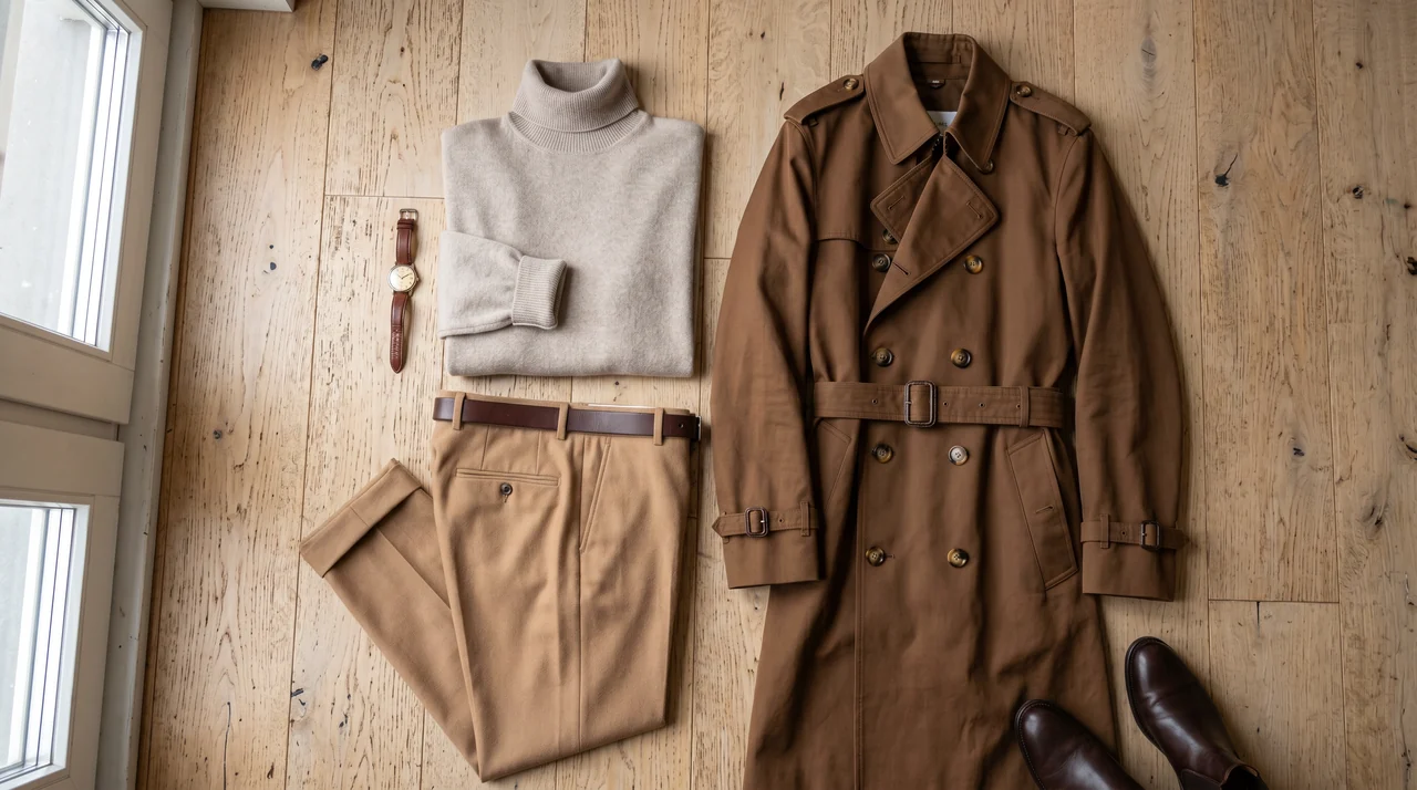 Flat lay of monochromatic earthy outfit, exemplifying soft autumn color palette tonal dressing with camel and taupe tones.