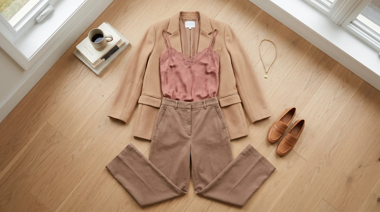 Flat lay of analogous soft autumn palette outfits, blending dusty rose, camel, and warm taupe tones for elegant styling.