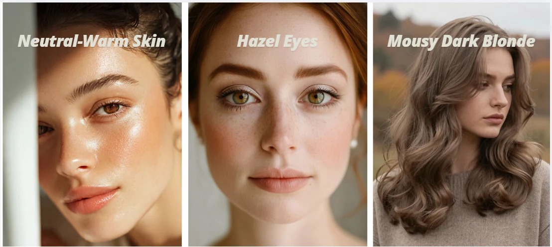 Collage of soft autumn features: neutral-warm skin, hazel eyes, and mousy dark blonde hair, showcasing ideal hair colors for soft autumn palette.
