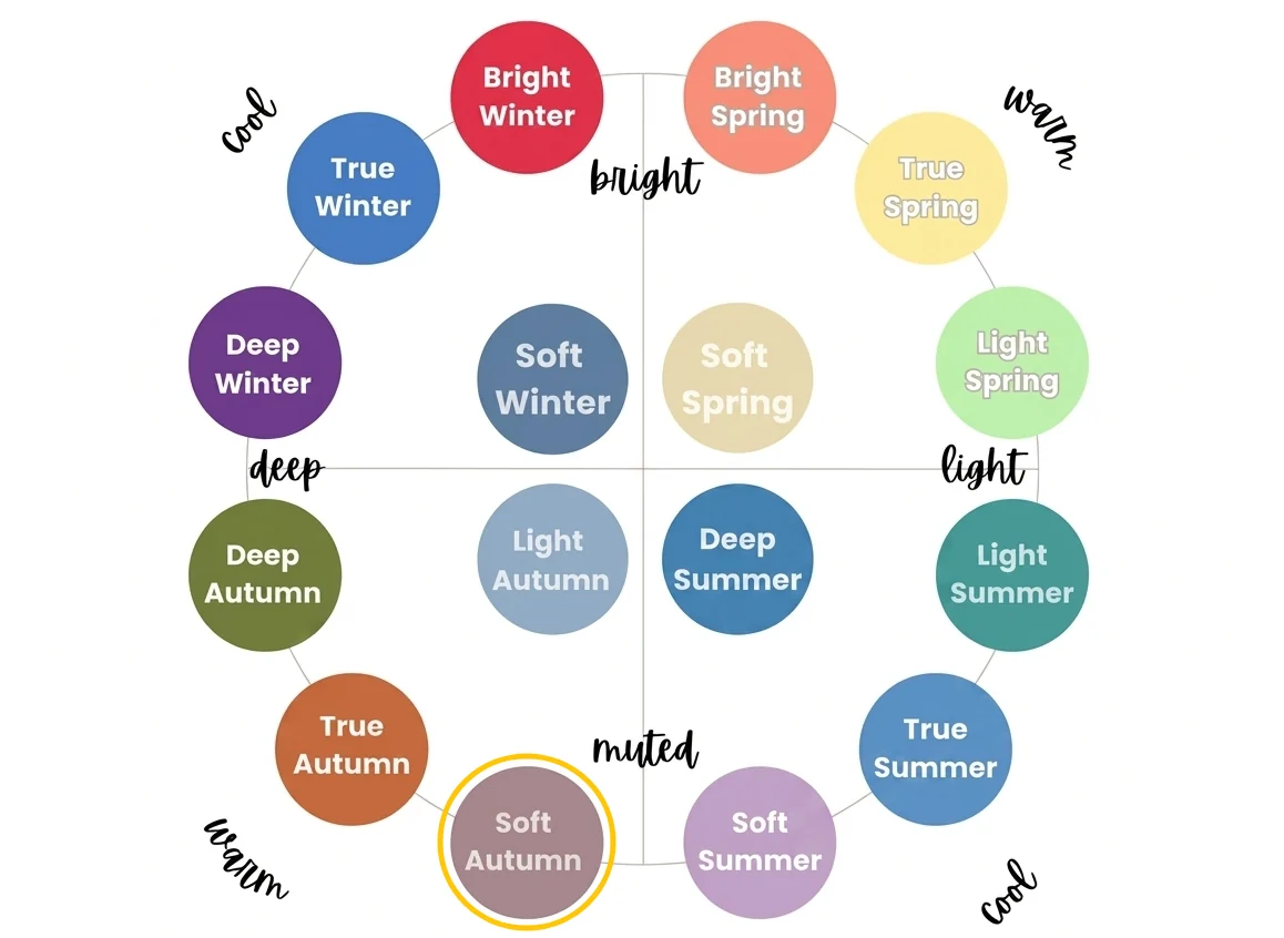 Seasonal color analysis wheel highlighting Soft Autumn, illustrating the soft warm autumn palette's transition between Autumn and Summer families.