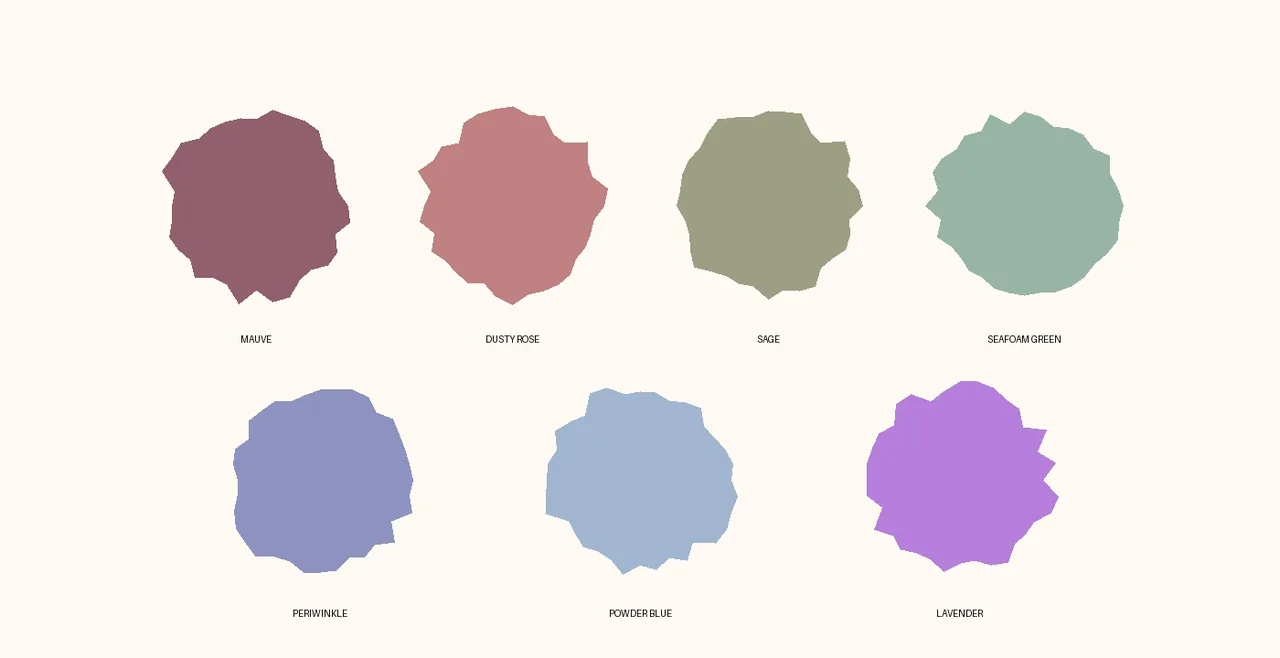 Soft summer accent color palette swatches including mauve, dusty rose, sage, seafoam green, periwinkle, powder blue, and lavender, showcasing muted, cool-toned shades ideal for this seasonal color profile.