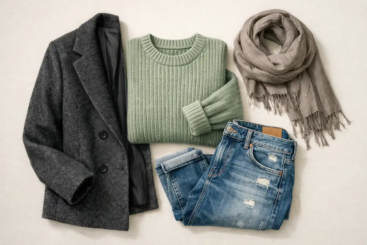 Flat lay of a soft summer capsule wardrobe featuring a charcoal grey wool coat, sage green knit sweater, cool-wash denim jeans, and a heather grey scarf, showcasing muted, cool-toned essentials.