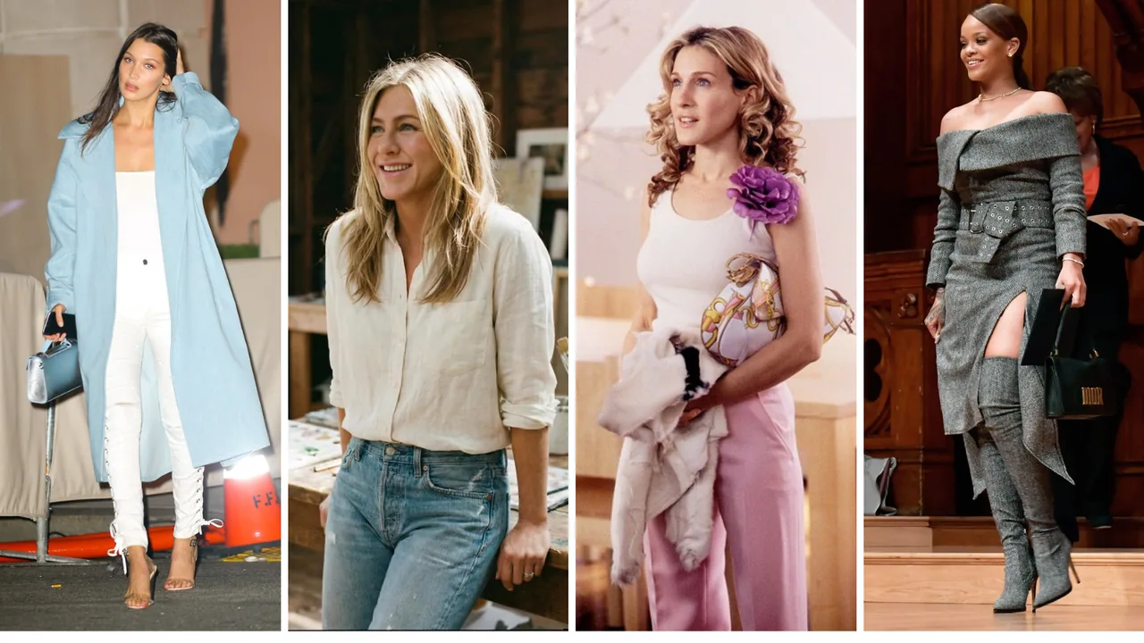 Collage of celebrity soft summer style examples: Bella Hadid in muted blue, Jennifer Aniston in neutral tones, Sarah Jessica Parker in soft mauve, and Rihanna in ash grey, showcasing flattering cool, muted color palettes.