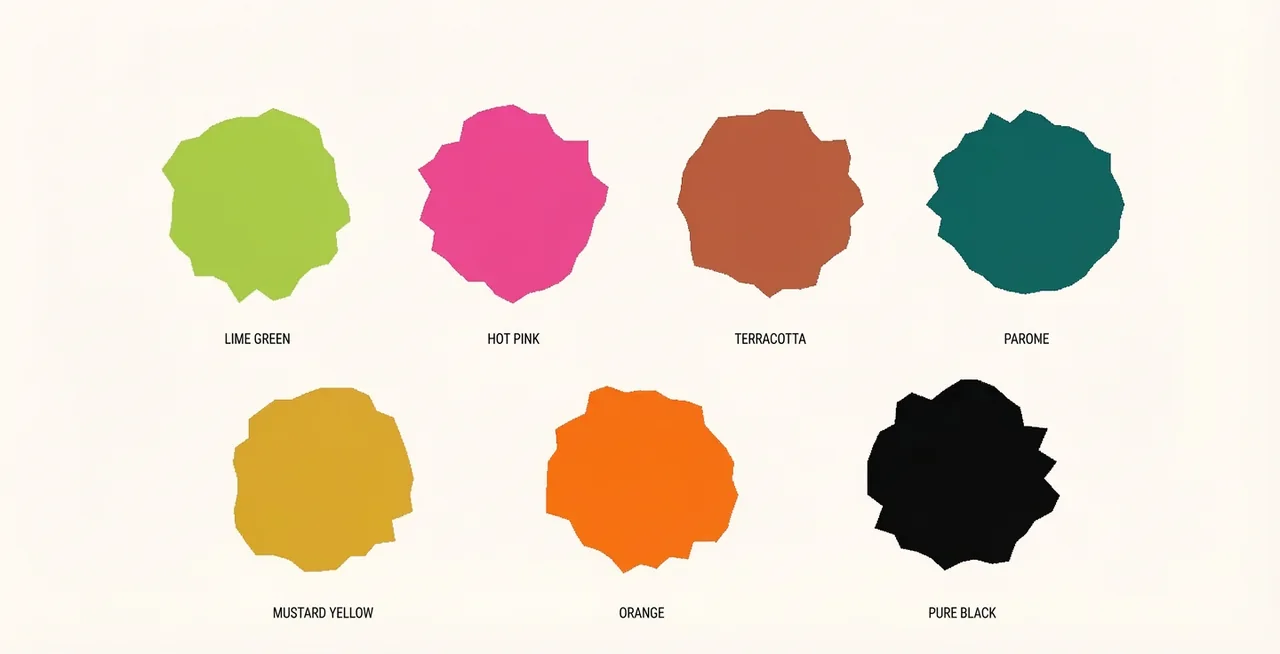 Colors to avoid for a soft summer color palette, including lime green, hot pink, terracotta, parone, mustard yellow, orange, and pure black, showcasing warm, bright, and harsh shades that clash with muted complexions.