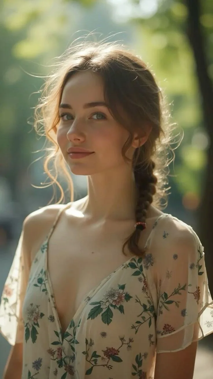 Model representing the Soft Summer color palette with muted, cool-toned skin and ash brown hair, wearing a soft floral dress.