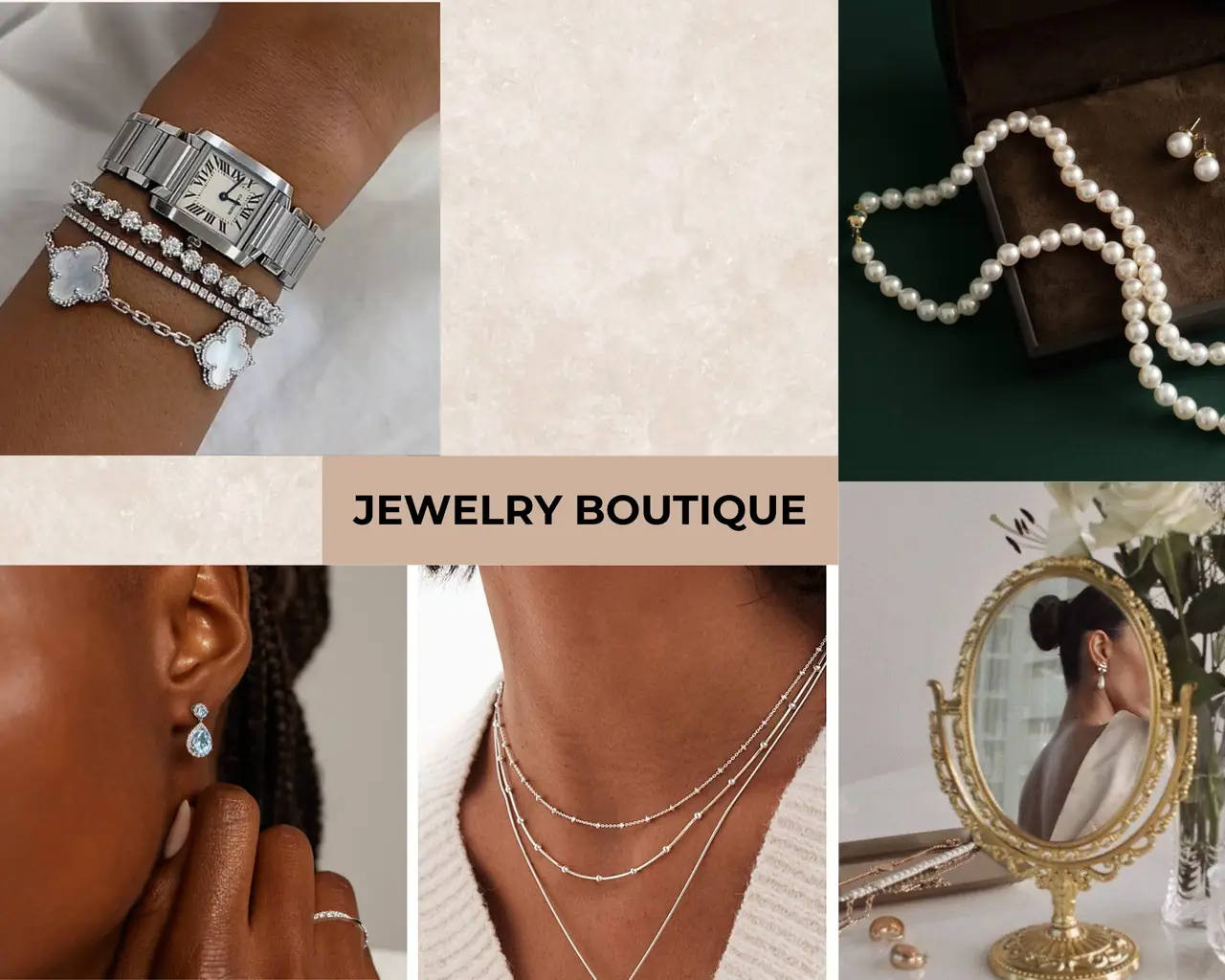 Curated soft summer jewelry collage featuring cool-toned silver pieces, pearls, and aquamarine gemstones, demonstrating low-shine finishes ideal for a soft summer color palette.