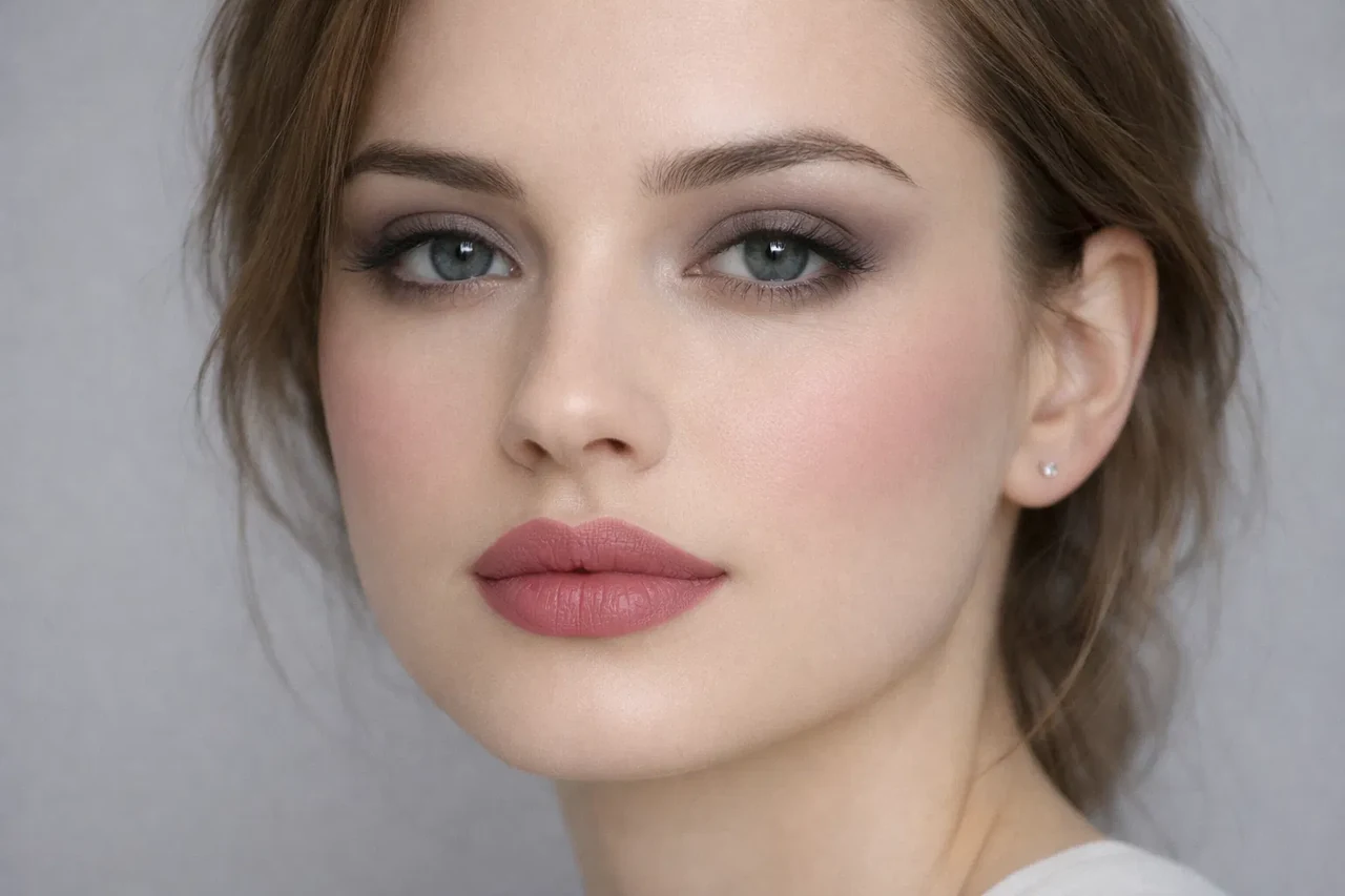 Soft Summer makeup look featuring dusty rose lipstick, cool taupe eyeshadow, and a soft-matte complexion.