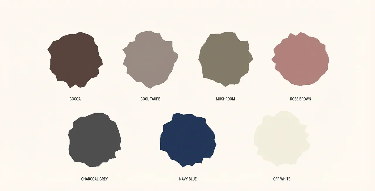 Soft summer neutral color palette swatches featuring cocoa, cool taupe, mushroom, rose brown, charcoal grey, navy blue, and off-white, demonstrating flattering muted, cool-based neutrals.