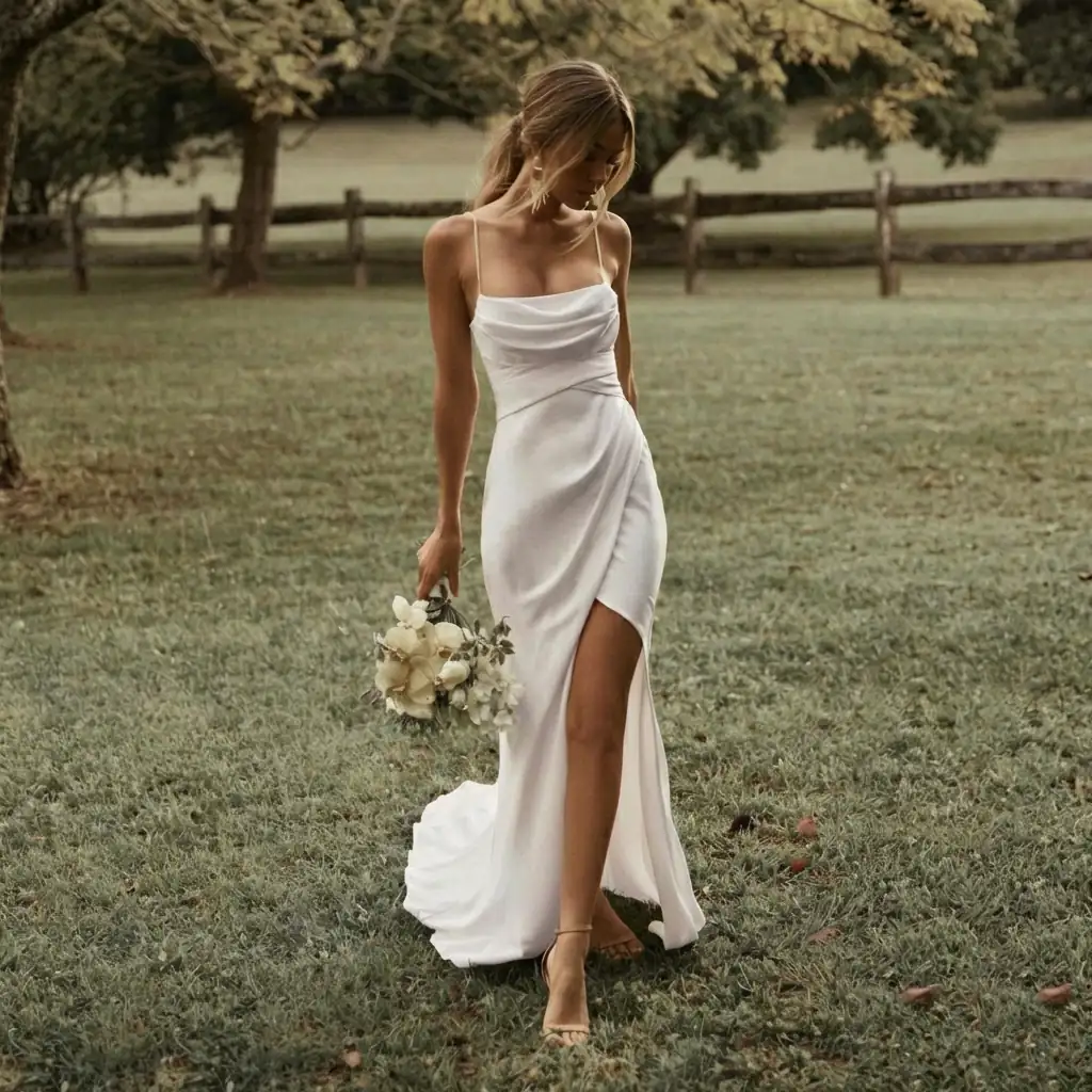 Bride in a white dress testing bridal hair styles and colors for a wedding using AI virtual try-on.