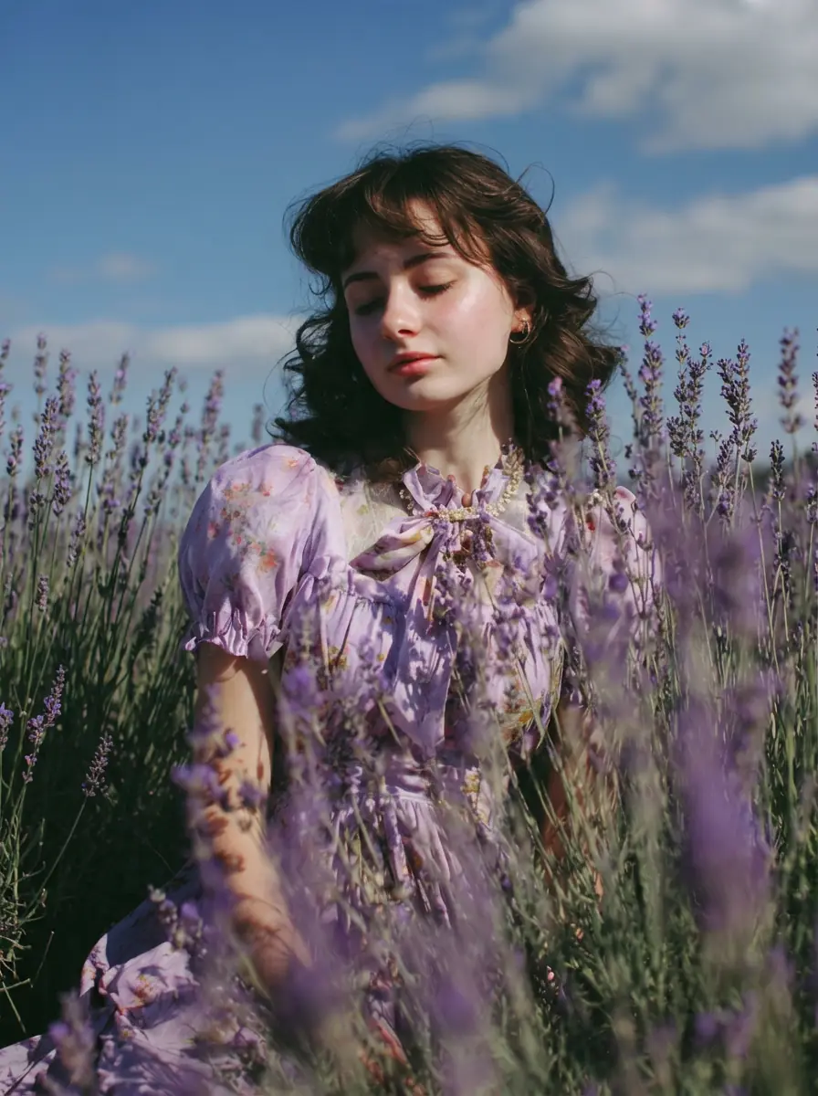 A young woman with dark curly hair poses in a blooming lavender field under a blue sky. She wears a vintage-style lilac floral dress with a ruffled collar, illustrating the cool, soft, and elegant tones typical of the Summer color palette.