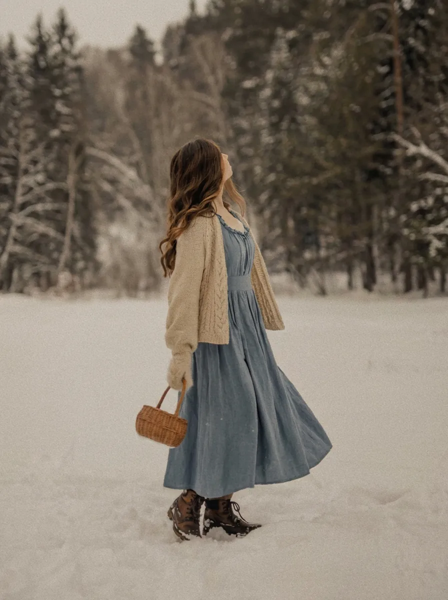 A woman stands in a snowy pine forest looking upward. She is dressed in a long cool-blue dress, a beige knit cardigan, and winter boots, holding a small basket, depicting the cool, serene atmosphere associated with the Winter season.