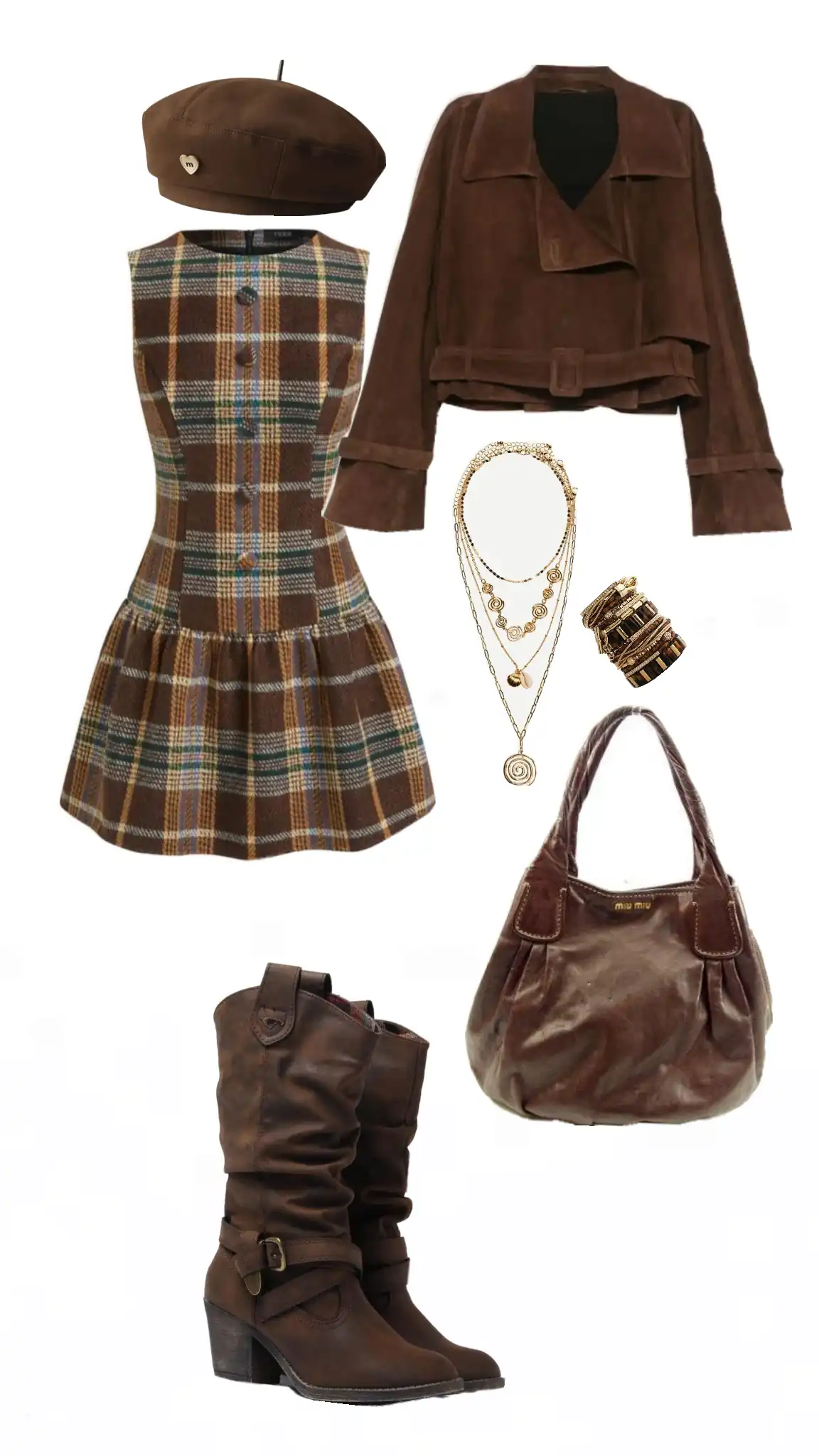 Vintage outfit with plaid dress, suede jacket, beret, and boots, provided by AI outfit changer.