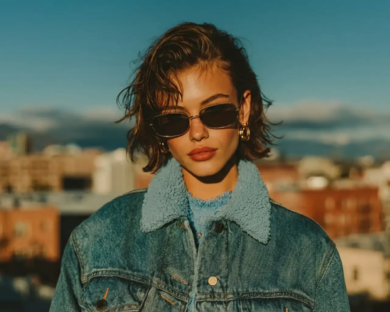 Model wearing trendy rectangular sunglasses and a denim jacket in a city setting, demonstrating the realistic virtual glasses try-on tool.