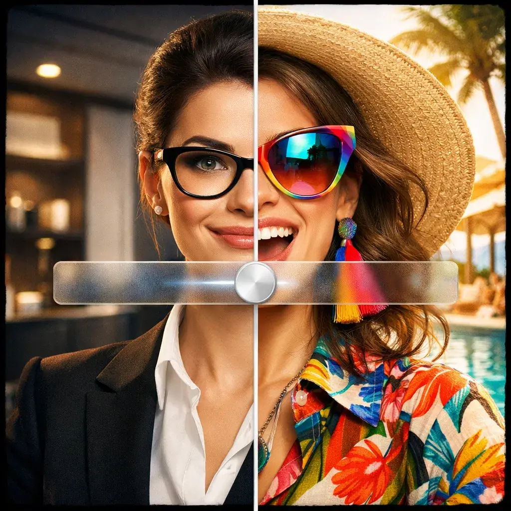 Female model showcasing work vs vacation eyewear styles with virtual glasses try-on slider tool