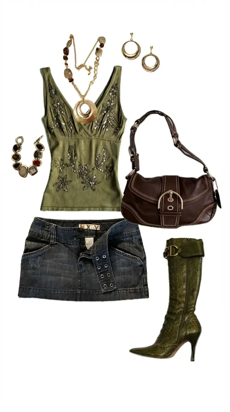 Y2K style outfit featuring olive green embellished camisole, dark denim mini skirt, green heeled boots, brown shoulder bag, and gold statement jewelry, a trendy look for virtual try-on with AI outfit generator
